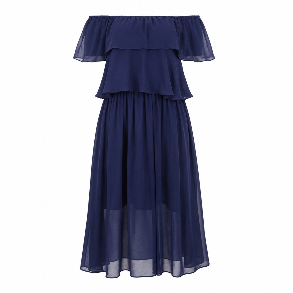 Vintage 1970s Suzanne's‎ Navy Blue Chiffon Off Shoulder Ruffle Midi Dress Disco